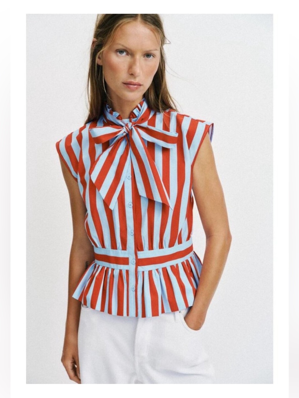 Zara Red and Light Blue Striped Bow Tie Peplum Blouse
